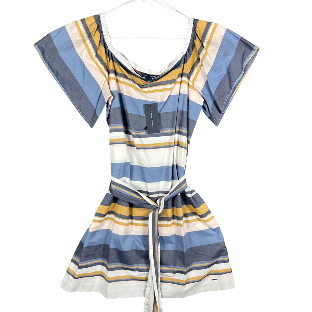 Tommy Hilfiger Striped Mini Dress Womens Large Blue Yellow Off Shoulder Cotton